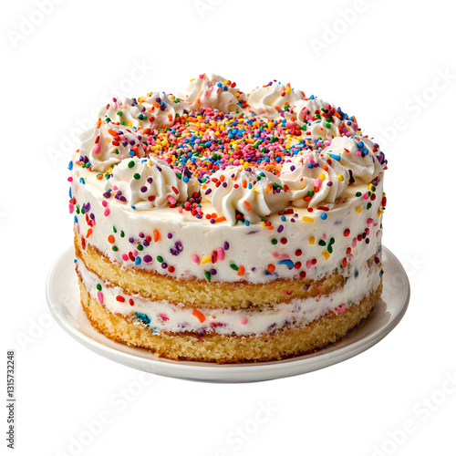 Funfetti Cake USA with White Frosting and Sprinkles Isolated on Transparent Background