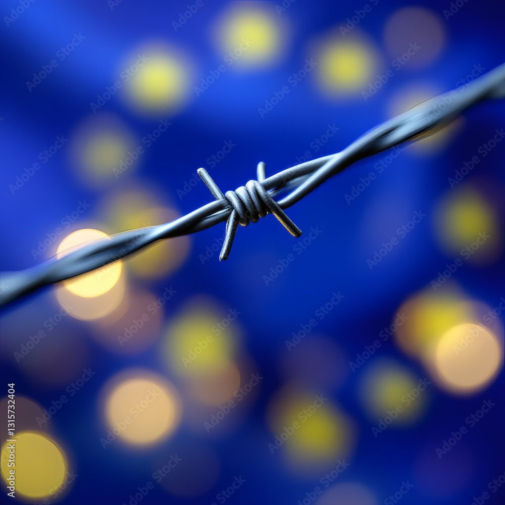 Deportation and Immigration Concept Barbed Wires Against Blurred EU Flag, Border Control, Asylum Crisis Deportation and Immigration Concept Barbed Wires Against Blurred EU Flag, Border Control, Asylum Crisis