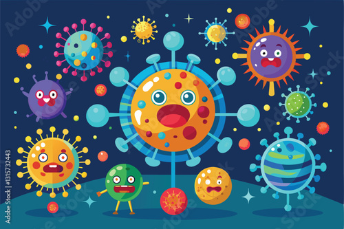 A vibrant depiction of retroviruses showcases various playful characters in a cartoon setting, Retroviruses Customizable Flat Illustration
