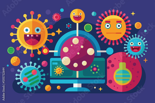 A colorful illustration showcases retroviruses interacting within a playful digital environment, Retroviruses Customizable Flat Illustration