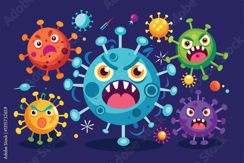 A vibrant and playful illustration showcases various retroviruses with exaggerated expressions and colors, Retroviruses Customizable Disproportionate Illustration