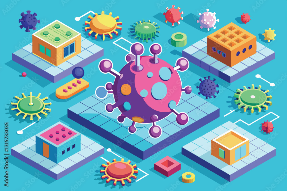 Naklejka premium Bright isometric illustration features various retrovirus designs in a dynamic, customizable layout, Retroviruses Customizable Isometric Illustration