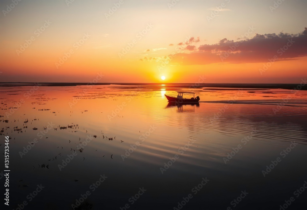 Dark silhouette of a small boat gliding through a tranquil wetland at sunset, art, exploration Dark silhouette of a small boat gliding through a tranquil wetland at sunset, art, exploration
