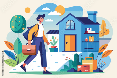 A person returns home with a briefcase, walking through a sunny neighborhood filled with greenery, Returning to home and office,