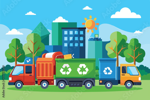 Reuse and zero waste trucks actively collect garbage in a bustling city under bright sunshine, Reuse and zero waste, Trucks with garbage near recycling station,