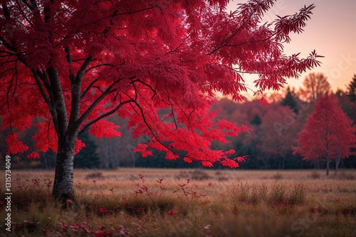 Crimson Linden Leaves in a Tranquil Autumn Twilight Landscape