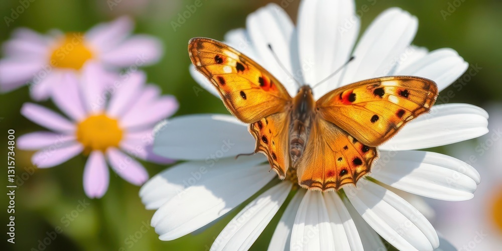 Delicate butterfly perched on a chamomile flower, wings spread, wildlife, insect