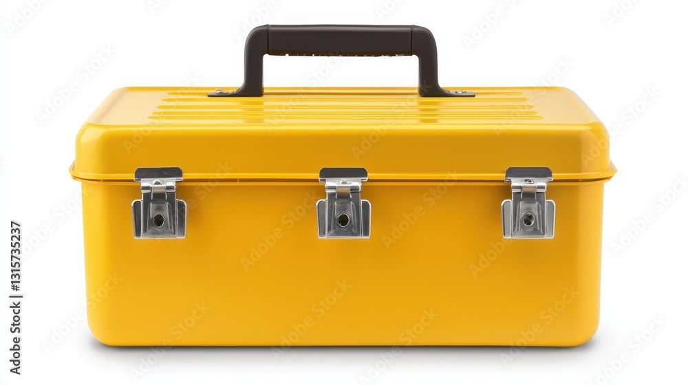 Yellow metal toolbox with black handle isolated on white background. Yellow metal toolbox with black handle isolated on white background.