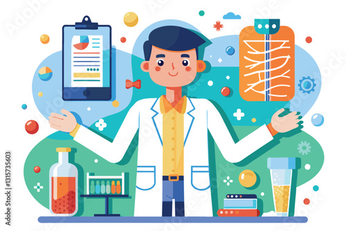 A rheumatologist presents medical tools and information in a cheerful lab environment with colorful elements, Rheumatology Customizable Cartoon Illustration