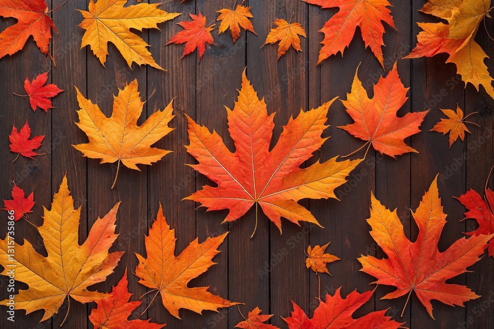 Artistic Canvas Adorned with Autumn Maple Leaves in Warm Wooden Texture Artistic Canvas Adorned with Autumn Maple Leaves in Warm Wooden Texture