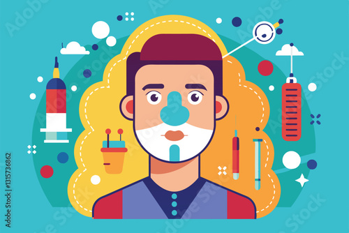 The design showcases rhinoplasty customization with various surgical tools and a facial outline, Rhinoplasty Customizable Flat Illustration