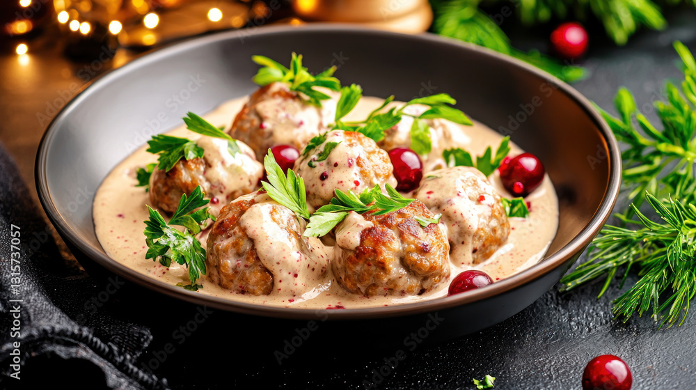 Swedish meatballs in creamy sauce with lingonberries and herbs Swedish meatballs in creamy sauce with lingonberries and herbs