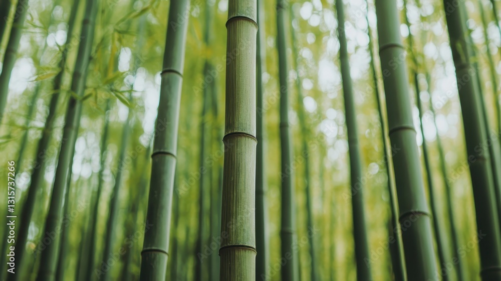 Fototapeta premium Lush green bamboo forest. Tranquil nature scene with bamboo stalks. Symbol of resilience, growth, and sustainability.