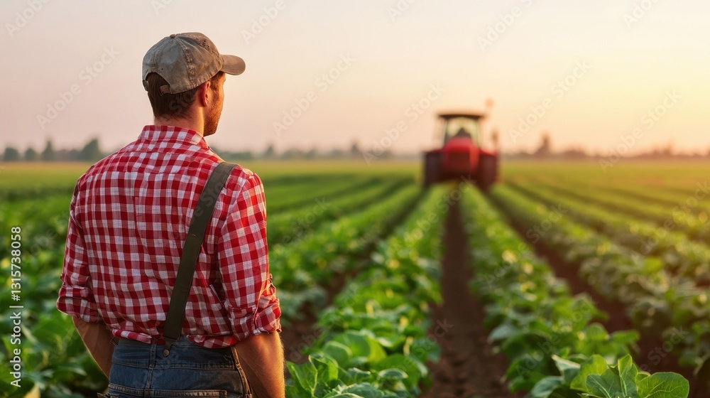Fototapeta premium Farmer looking at his field with a tractor in the background. Concept of agriculture, farming, and rural life.