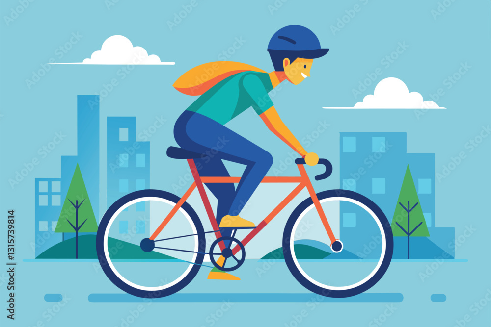 Fototapeta premium A cyclist pedals energetically through a modern city with green trees and buildings under a clear sky, Ride a bicycle Customizable Flat Illustration