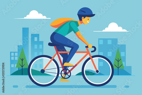 A cyclist pedals energetically through a modern city with green trees and buildings under a clear sky, Ride a bicycle Customizable Flat Illustration