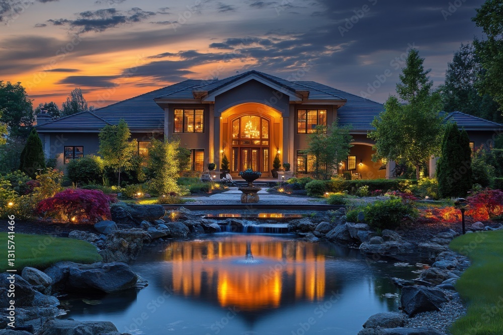 Obraz premium Luxurious large mansion estate illuminated at twilight reflected in front pond and fountain
