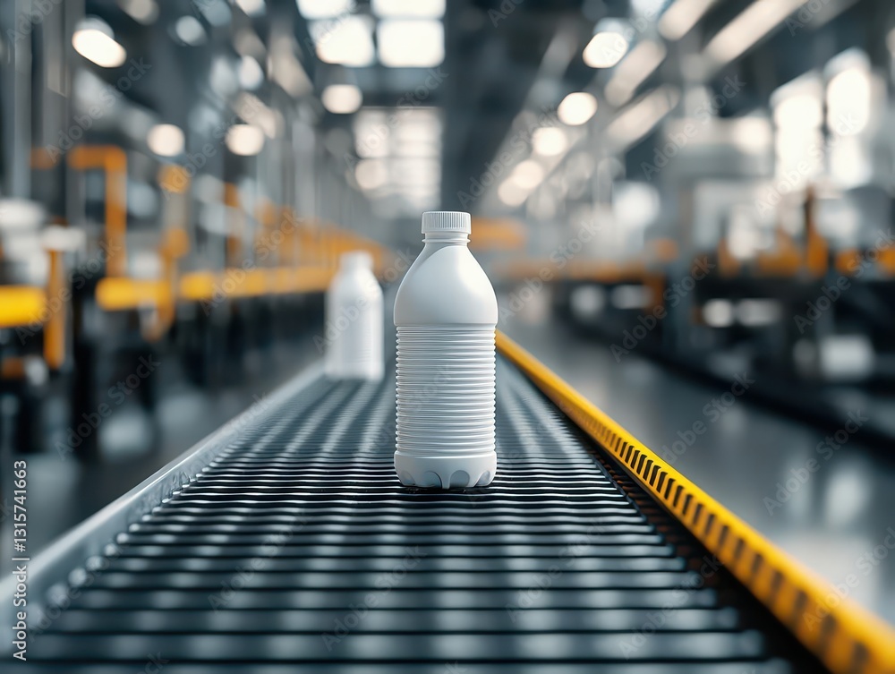 Biodegradable plastic bottles on a conveyor belt in a modern factory, representing ecofriendly packaging technology Biodegradable plastic bottles on a conveyor belt in a modern factory, representing ecofriendly packaging technology