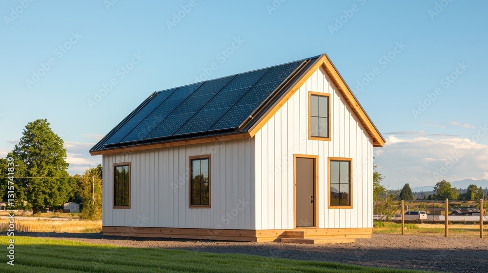 A modern tiny house with solar panels on the roof. Sustainable living concept. A modern tiny house with solar panels on the roof. Sustainable living concept.