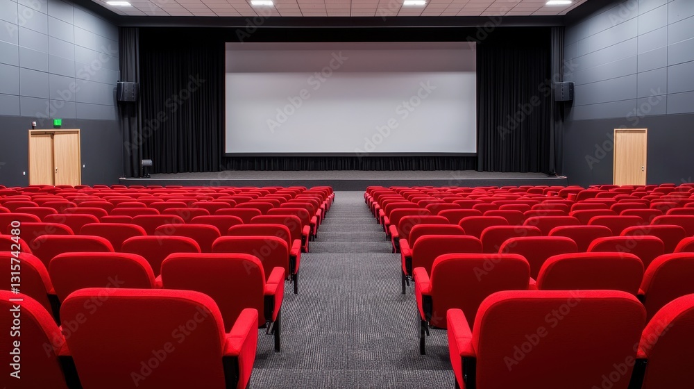 Obraz premium Empty movie theater with red seats and a large screen. Concept of entertainment, cinema, and performing arts.