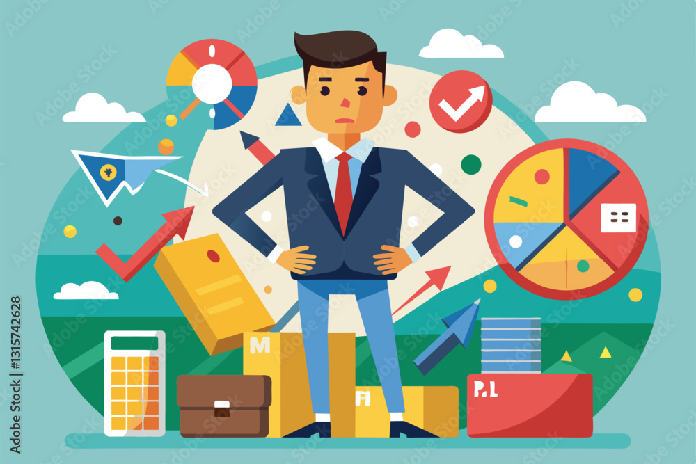 A businessman displays concern while navigating risk management challenges with various data visuals, Risk management Customizable Cartoon Illustration A businessman displays concern while navigating risk management challenges with various data visuals, Risk management Customizable Cartoon Illustration