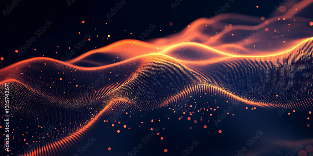 Fototapeta premium A glowing digital data stream flows across a dark blue background, with orange binary code and shimmering particles of light, representing advanced technology and futuristic communication.