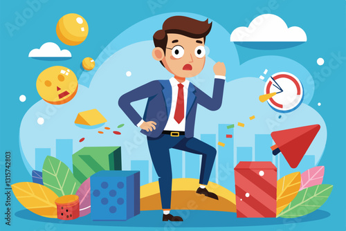 A businessperson navigates risk management through vibrant symbols and playful elements in a cartoon style, Risk management Customizable Cartoon Illustration