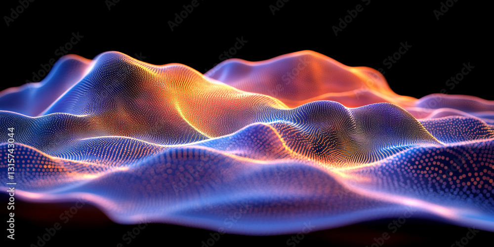 Fototapeta premium A digital wave pattern of blue and orange lights forms an intricate data network, symbolizing artificial intelligence, sound visualization, and the seamless flow of futuristic technology.