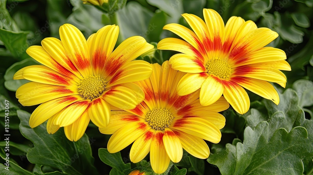 Fototapeta premium Three Vibrant Yellow Flowers with Red Centers Blooming Amidst Lush Green Foliage in a Bright Natural Garden Setting