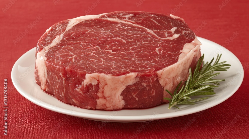 Raw ribeye steak on a white plate with rosemary. Concept of food, meat, and cooking. Raw ribeye steak on a white plate with rosemary. Concept of food, meat, and cooking.