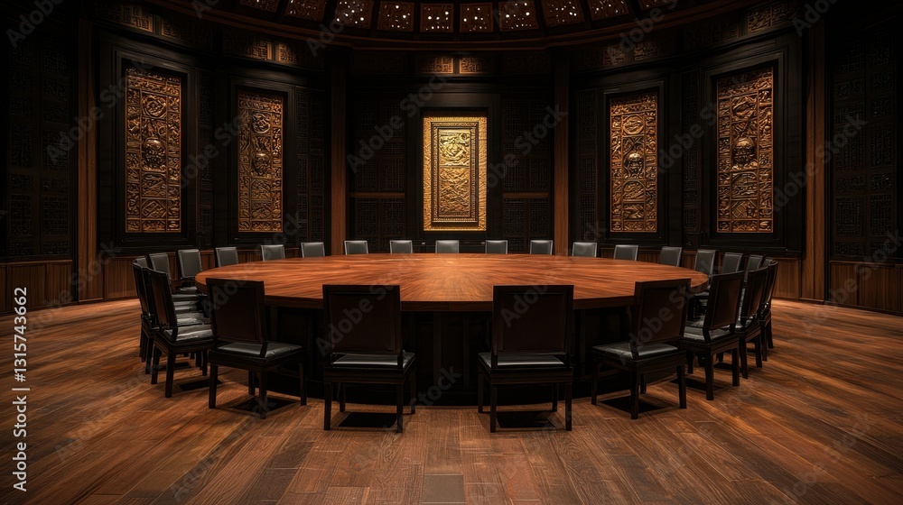 A large, round table with chairs in a dark, ornate room. The room is decorated with wood carvings and has a formal, serious atmosphere. A large, round table with chairs in a dark, ornate room. The room is decorated with wood carvings and has a formal, serious atmosphere.