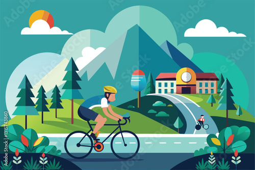 A cyclist rides along a winding road in a vibrant, illustrated mountain setting with trees and a building, Road cycling Customizable Flat Illustration