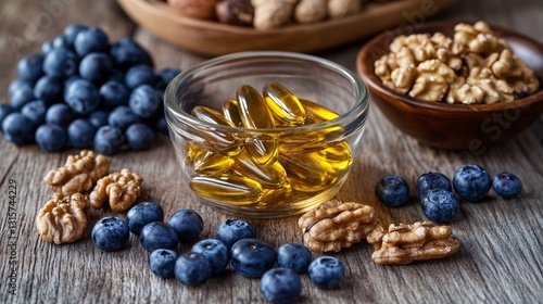 Healthy Brain Nutrition Featuring Omega-3 Capsules with Walnuts and Blueberries photo