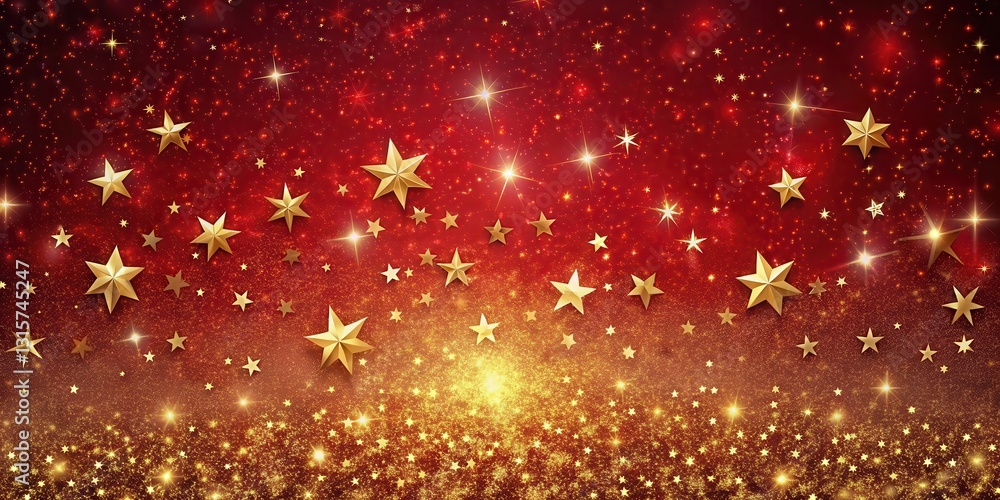Elegant red festive background with golden glitter and stars , starry night sky, decoration for special nights Elegant red festive background with golden glitter and stars , starry night sky, decoration for special nights