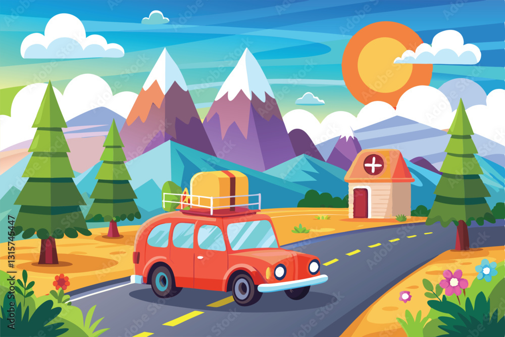 Naklejka premium A cheerful vintage car travels a winding road surrounded by mountains and lush greenery under a bright sun, Road trip Customizable Cartoon Illustration