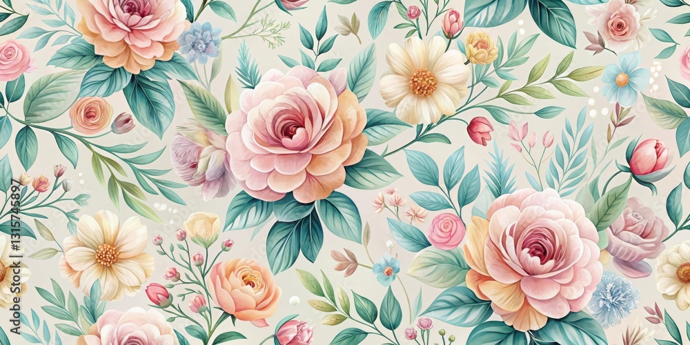 Elegant seamless floral pattern with vibrant blooms and delicate leaves in a soft pastel color palette, vibrant flowers, leafy greens Elegant seamless floral pattern with vibrant blooms and delicate leaves in a soft pastel color palette, vibrant flowers, leafy greens