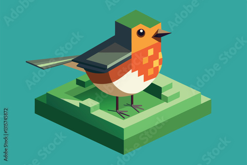 A colorful robin bird designed in isometric style stands on a vibrant green base, showcasing creativity, Robin bird Customizable Isometric Illustration