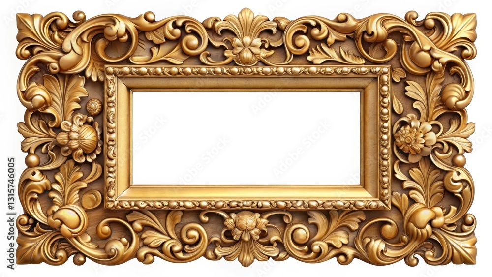 Ornate gold picture frame with intricate carvings and filigree details on the edges Ornate gold picture frame with intricate carvings and filigree details on the edges