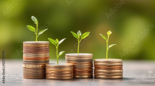 Growth of investment with coins and seedlings in natural setting