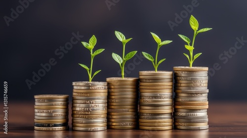 Growth Concept with Coins and Green Plants on Wooden Surface