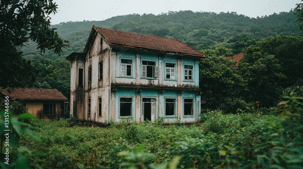 Abandoned house in the jungle. Old weathered building with peeling paint and overgrown vegetation. Concept of decay, neglect, and forgotten places. Abandoned house in the jungle. Old weathered building with peeling paint and overgrown vegetation. Concept of decay, neglect, and forgotten places.