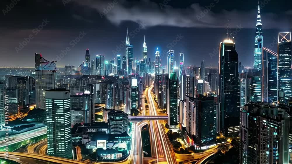 custom made wallpaper toronto digitalA futuristic city skyline illuminated by neon-lit skyscrapers at night, with long-exposure light trails from speeding cars weaving between towers, reflecting like liquid gold on rain-slicked streets