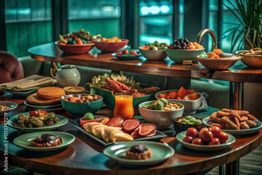 Abundant Brunch Buffet Display with Colorful Salads, Fruits, and Snacks on Rustic Table Abundant Brunch Buffet Display with Colorful Salads, Fruits, and Snacks on Rustic Table