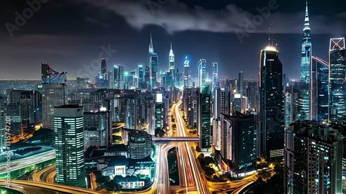 Wallpaper Mural A futuristic city skyline illuminated by neon-lit skyscrapers at night, with long-exposure light trails from speeding cars weaving between towers, reflecting like liquid gold on rain-slicked streets Torontodigital.ca