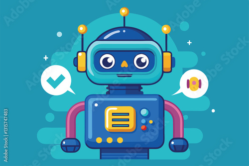 A cheerful robot with large expressive eyes displays a checkmark and sound icon, suggesting communication, Robot chatbot