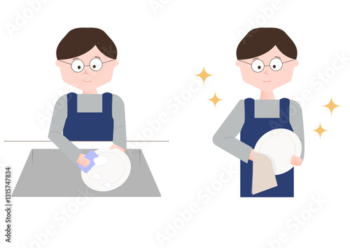 お皿を洗って拭く男性