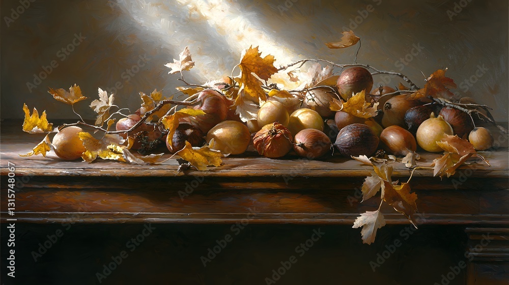 Naklejka premium Still Life of Autumn Fruits and Leaves on a Rustic Wooden Table Bathed in Soft Light