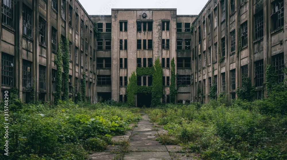 Abandoned factory overgrown with vegetation. Concept of decay, forgotten places, and urban exploration. Abandoned factory overgrown with vegetation. Concept of decay, forgotten places, and urban exploration.