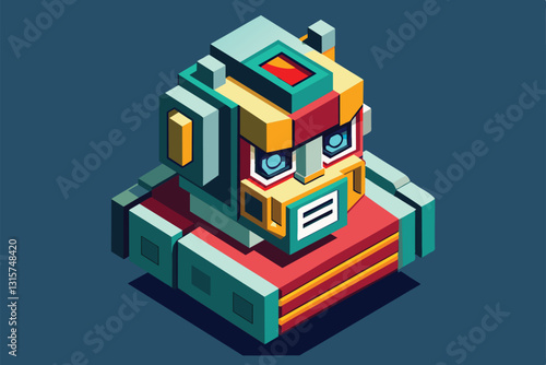 A unique, isometric robot face design showcases a blend of vibrant colors and intricate geometric patterns, Robot face Customizable Isometric Illustration