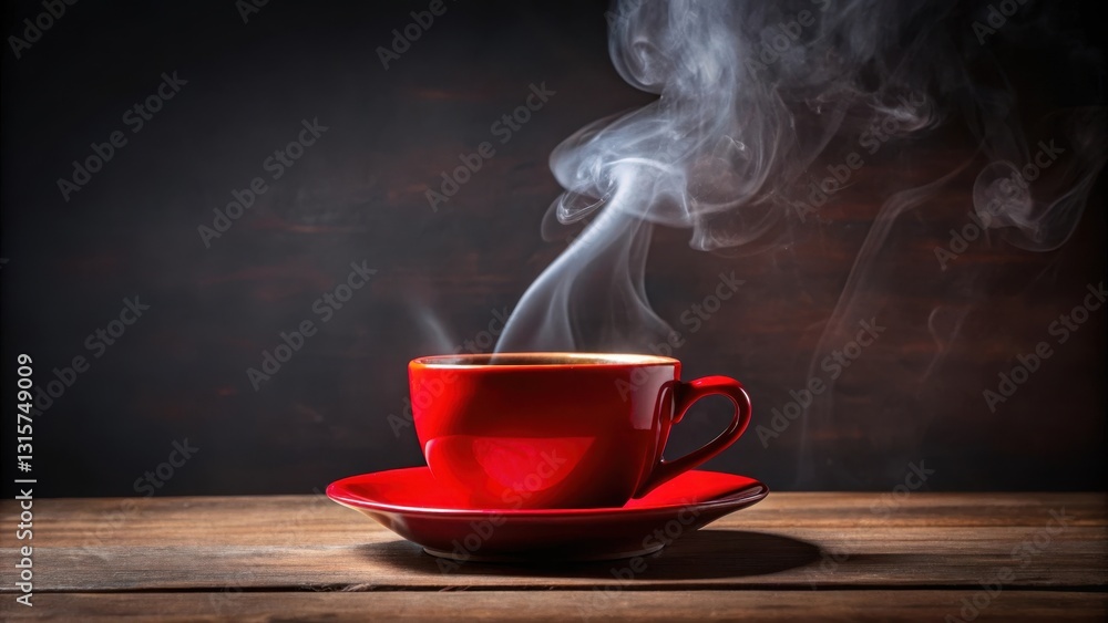 A deep red ceramic cup filled with steaming hot black coffee, positioned on a flat surface at eye level A deep red ceramic cup filled with steaming hot black coffee, positioned on a flat surface at eye level